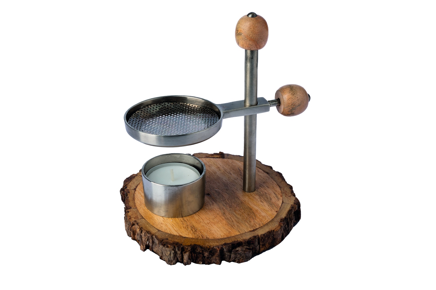 Holzscheibe, höhenverstellbares Räucherstövchen antik-silber