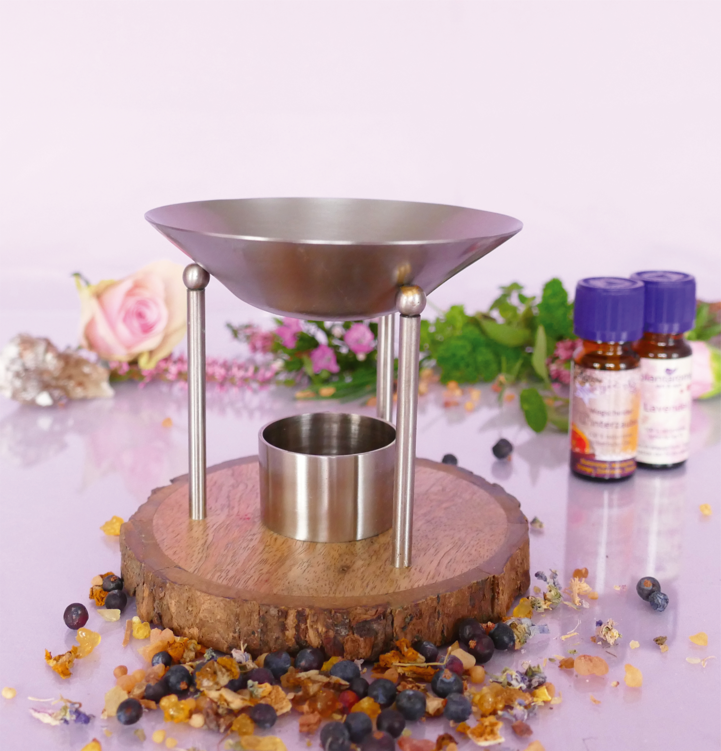 Duftlampe Look, Holz/Metall matt, antik-silber