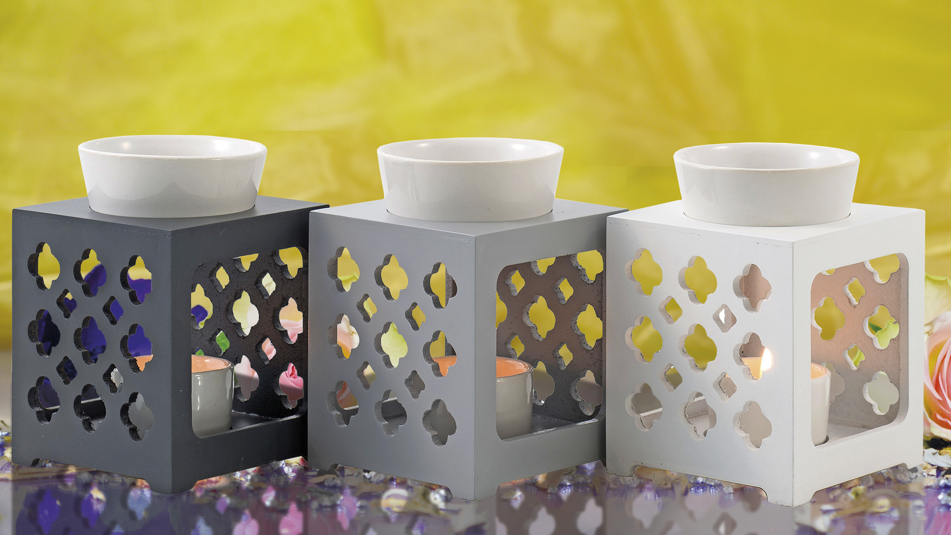 Duftlampe Marroc, Holz-Keramik, anthrazit, grau, weiß